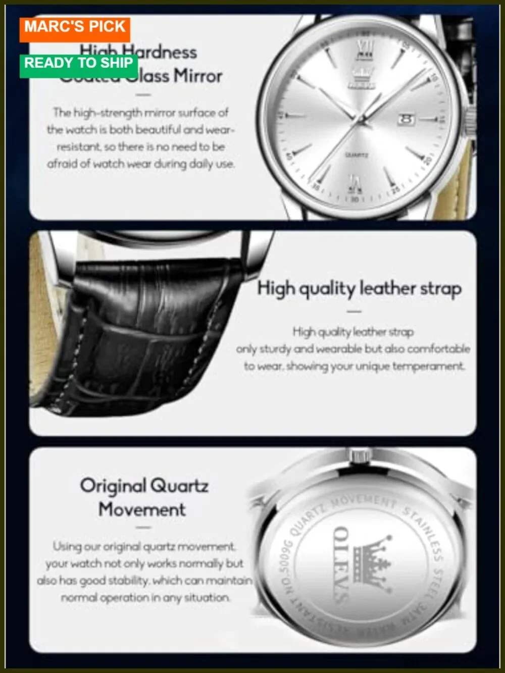 Leather Strap Quartz Watch with Date Window, Easy to Read Dial